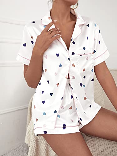 Verdusa Women's Satin Sleepwear Short Sleeve Shirt And Shorts Pajama Set White Heart M #TOP2