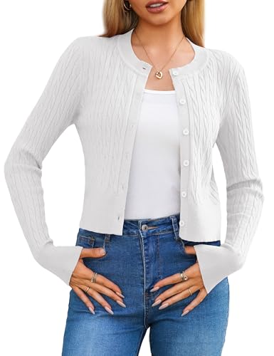 LETDIOSTO Womens Lightweight Micro-Cable Cropped Cardigan Sweaters XS-XL White