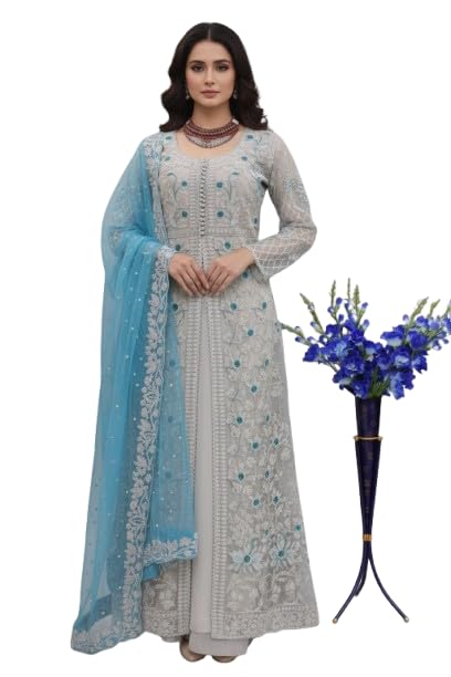 S J Fashion Chain Stich Work with Pearl Moti Work Butterfly Mono Net Santoon Gown Navy Blue