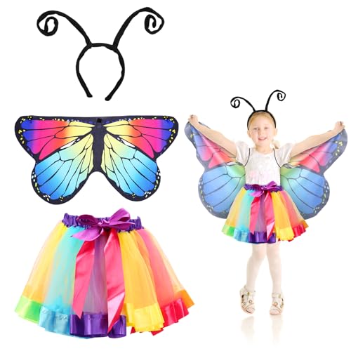 Fennoral Disfraz de Mariposa para Niña - Kit de Vestido de Hada Verde Con Orejas y Alas - Carnaval, Cosplay, Fiesta y Regalo