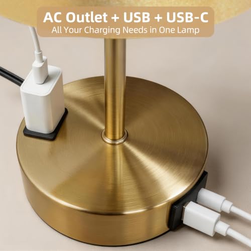 Image of Bedside Table Lamp, Dimmable Touch, AC Outlet, USB A+C (Gold) | 3-Way Dimmable, Small Touch Lamp with Eye-Care LED Bulb, Ideal Soft Lighting for Nightstand, Bedroom, Reading, Living Room