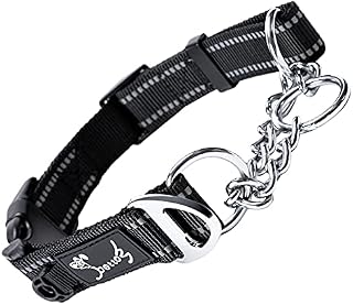 PETTOM Half Choke Dog Collar Adjustable Reflective Black Nylon Dog Choker Chain Collar, Chew Proof Metal Chain Half Check Collar for Medium Large Dogs (M: 43-52CM, Black)