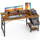Sweetcrispy 48 Inch Computer Desk with Drawers for Home Office, Writing Desk with X-Shaped Reinforcement, Wood Table with Adjustable Position Drawers, Modern Study Work Table with Side Hook, Rust