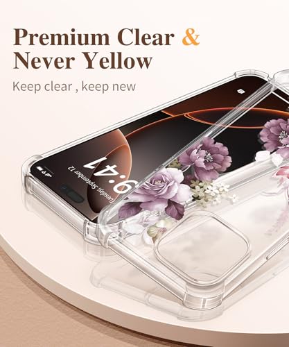 GVIEWIN for iPhone 16 Pro Case, with Screen Protector & Camera Lens Protector, Floral Shockproof Protective Bumper Slim Clear Phone Cover for Women 2024 6.3'', Cherry Blossoms/Purple