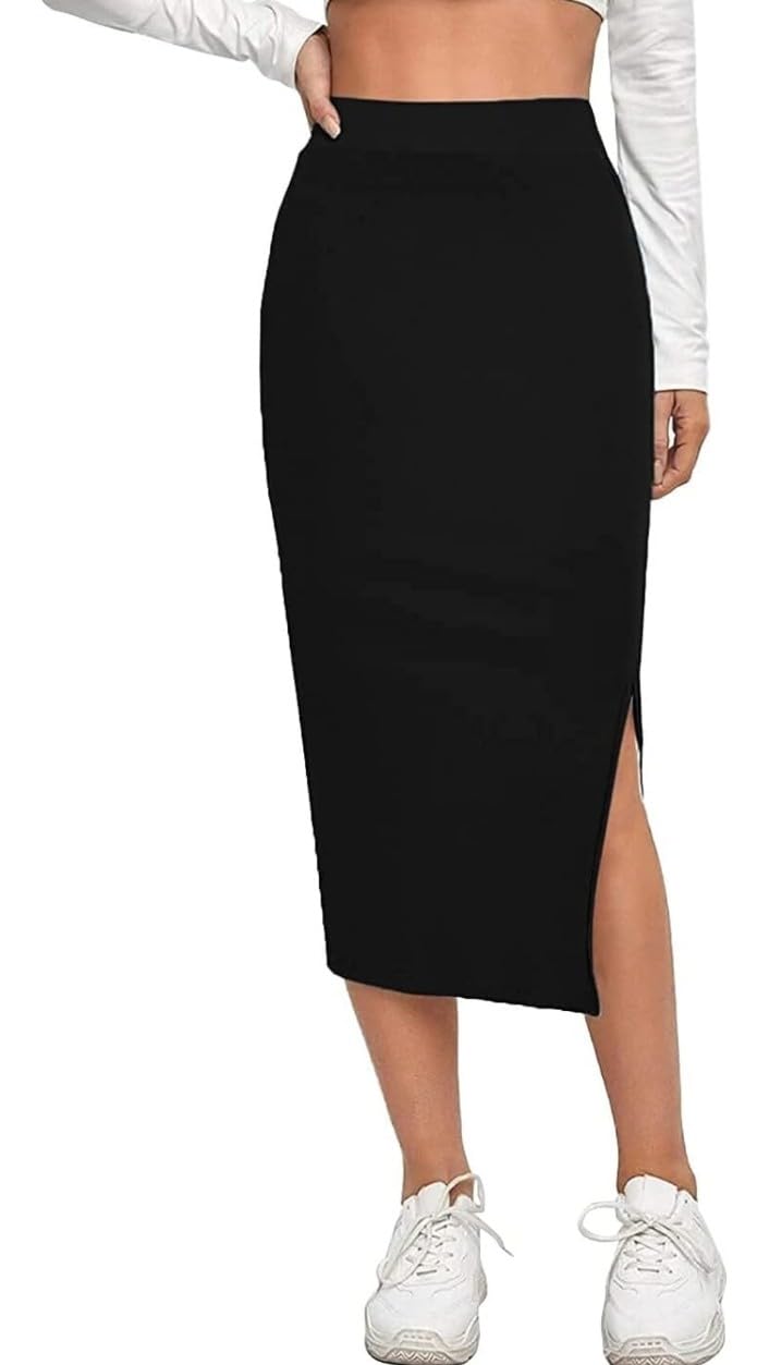 Women's Elastic Maxi Skirt Waist Pencil Bodycon Midi Skirt/Comfortable High Waisted with Side Slit Below Knee Length Elegance for Women-image-37