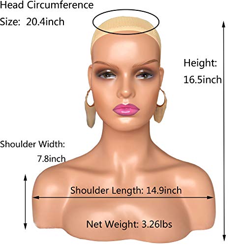 Rossy&Nancy Realistic Female Mannequin Head with Shoulder Manikin PVC Head Bust Wig Head Stand with Makeup for Wigs Display Making,Styling,Sunglasses,Necklace Earrings (Light Brown)