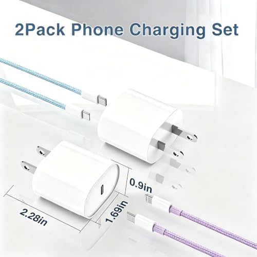 Image of Essri Phone Charger Fast Charging 6 FT,2-Pack 20W PD USB C Block with iPhone 14 13 Charger Cable 6 Foot, Compatible with iPhone 14 Pro 13 Pro Max 12 11 Pro Mini,Blue+Purple