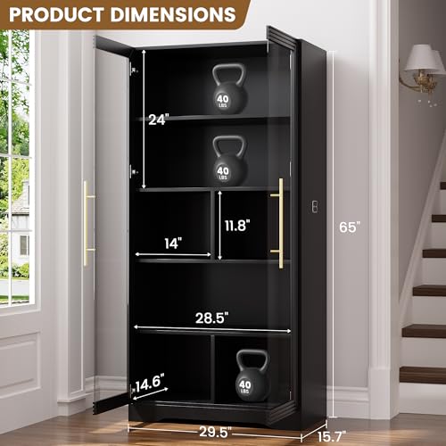 Image of LVSOMT Bookcase with Glass Doors and LED Light, Home Office Bookshelf Black | 65 inch Tall Display Cabinet with Adjustable Shelves, Human Sensor, 5 Tier Storage Case for Collectibles, Living Room Study Room
