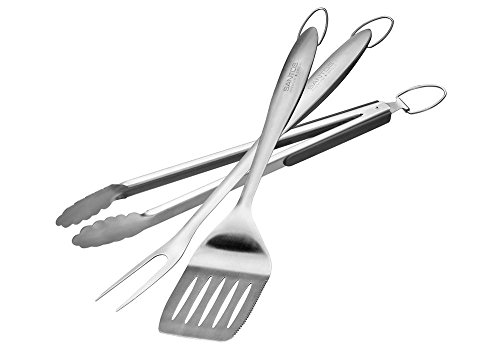 Santos Premium Grillbesteck XL - 3-teilig aus gebürstetem, rostfreien Edelstahl - 42 cm lang - Grillzubehör mit Grillzange, Grillwender und Fleischgabel mit extra-langen Griffen und Aufhänge-Ösen