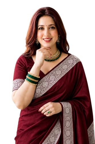 Image of Women's Glory Banarasi Satin Kanjivaram Saree Silver Zari Border Pure Soft Blend Silk Sari Kanchipuram Paithani Silk Party Wedding Festive New Ladies Sadi with Unstiched Blouse Piece. (Pink)