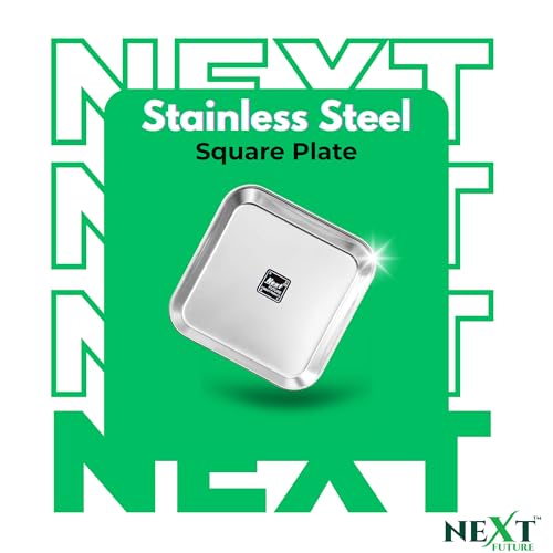 Image of Next Future Stainless Steel Breakfast /Lunch /Dinner Plate Set of 6 with High Shiny Polish (Heavy Gauge) Medium Size Square Plates - Diameter: 8 Inches / 21 cms