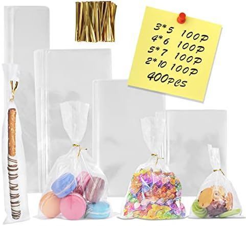 NEOACT 400 PCS Clear Flat Cellophane Treat Bags with 3x5,4x6,5x7,2x10,Treat Bags with Ties are Good for Pretzel Rods,Bakery, Cookies, Candies,Dessert.