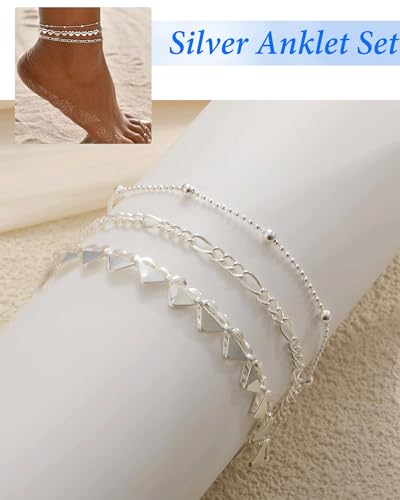 Image of ZHESHY Gold Silver Ankle Bracelets for Women 14K Gold Plated Anklets for Women Waterproof Cuban Link Heart Chain Anklets Set Non Tarnish Dainty Layered Anklet Bracelets for Women Summer Beach Jewelry