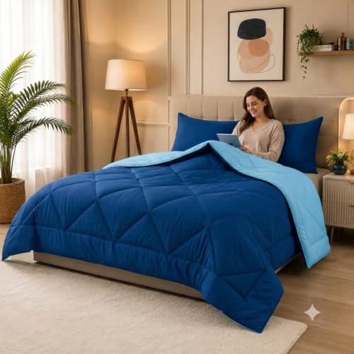Image of 220 GSM Comforter Single Bed | Microfibre Reversible AC Blanket Duvet Quilt Single Bed for Summer | Comfortable and Super Soft (Navy Blue & Sky Blue)
