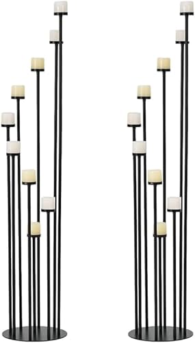 2 portavelas altos para velas de pilar, candelabros negros de 9 brazos, centro de mesa para velas de pilar cónico, centros de mesa florales de