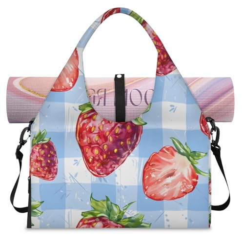 Yoga Tote Bag for Women Strawberry Check Plaid Beach Bag with Shoe Storage & Yoga Mat Strap Waterproof Weekender Duffle Bag for Travel Fitness Weekend Trips