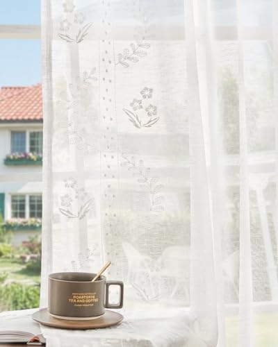 Image of jinchan Floral Linen Curtains, Back Tab 50x84 Inch, 2 Panels White