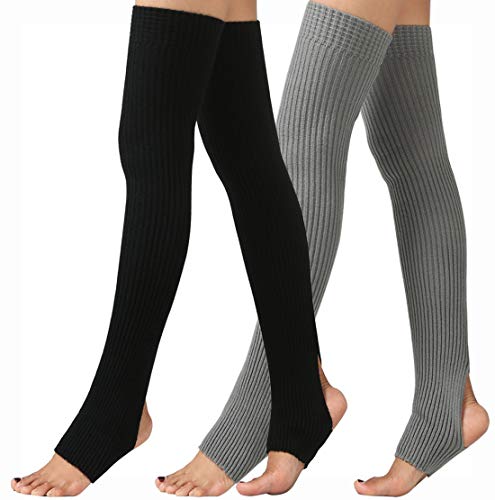 Women Stirrup Leg Warmers Boot Cuffs Socks Knee High Length Crochet for Dance Yoga (one size, Black+Grey)