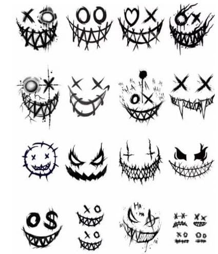 ARYU 15 StüCk Clown Geist Gesicht KräUtersaft Tattoo Aufkleber Halloween Langlebige Tattoo Aufkleber Handgelenk Smiley Gesicht Wasserfest
