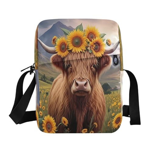 MCHIVER Small Messenger Bag Highland Cow Yellow Crossbody Bag for Men Women Travel Purse Wallet for Cycling Hiking Running