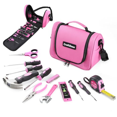 Pink Tool Set | Tool Bag for Women with Shoulder Strap | Basic Tool Kit|21Pcs Tool Pouch with Zipper|Portable Tool Bag with Tools for Home|Dorm|Office|DIY|Desk|Apartment
