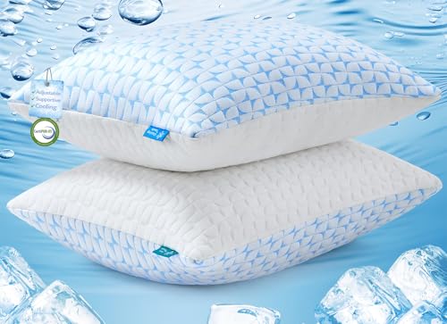QUTOOL Firm Pillow Shredded Memory Foam, Cooling Pillow for Hot Sleeper, Adjustable Bed Pillow for Side Back Stomach Sleepers, Washable Cover, CertiPUR-US Certified, Standard Size Set of 2