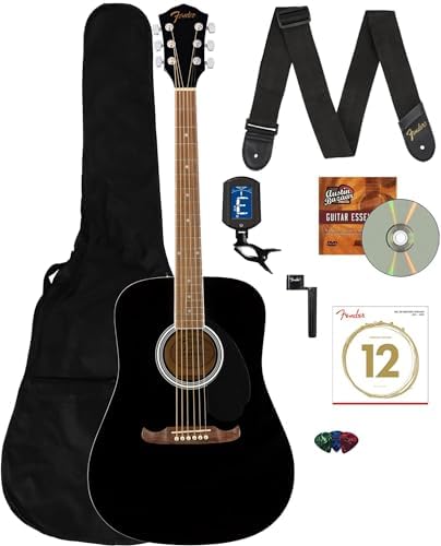 Fender FA-125 Dreadnought Guitar - Black Bundle with Gig Bag, Tuner, Strap, Strings, String Winder, Picks, and Austin Bazaar Instructional DVD