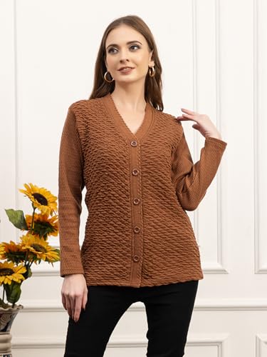Image of Women's Winter Woolen Cardigan | Full Sleeve Textured Buttoned Sweater for Women | Soft Wool V-Neck Warm Knitted Outerwear for Office & Casual Wear