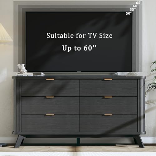Image of HUAHUU Fluted 6 Drawers Dresser for Bedroom, 55 inch Mid Century Modern & Chests of Drawers, Curved Profile Design, TV Stand, Wood Storage Dresser for Entryway, Hallway, Black