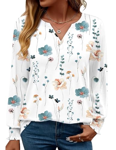 Rapbin Damen Tops Langarm Elegant Locker V-Ausschnitt Damenbluse Oberteile T Shirt Casual Herbst Tunika (XXL,Weiß Blau Blumen)