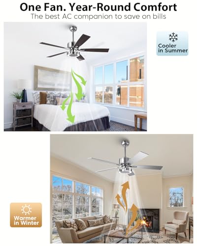 Image of 52 Inch Silver Ceiling Fans with Lights, Creative Modern Ceiling Fan and Remote for Bedroom Living Room with 3CCT, 6 Speeds, Quiet, Dual-Sided Reversible 5 Blades Indoor Outdoor Chandelier Fan