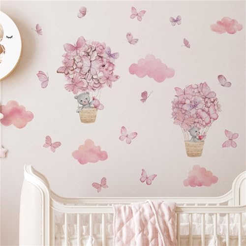Image of Laoyello Bear Flower Butterfly Pink Clouds Wall Stickers for Girls Room Hot Air Balloon Baby Nursery Decor Wall Decal