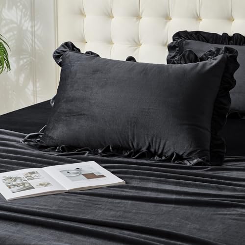Image of Velvet Plush Flannel Sheet Set - Twin Size 3-Piece - Ruffled Edge Design, 16 Inch Deep Pocket, Anti-Pilling & Fade Resistant - 220 GSM Breathable Luxury All-Season Bedding, Black