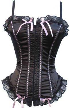 Black Boned Corset w Black Lace and Pink Accent Ribbons/Bows
