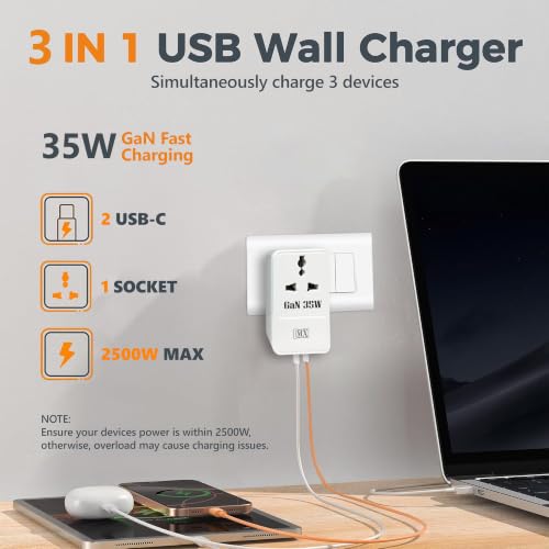 Image of MX 35W 3-in-1 Universal Travel Adapter with Indian Plug, GaN USB-C PD Fast Charger, Dual USB-C Ports, 2500W Universal Socket for Mobile, Laptop, MacBook, iPhone, Samsung, Tablet, Home & Office