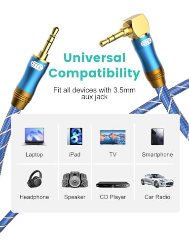 Image of EMK 90 Degree Right Angle Aux Cable - [24K Gold-plated,Sound Quality] Audio Stereo Male to Male Cable for Laptop, Tablets, MP3 players,Car /Home Aux Stereo, Speaker or More (Aux Cable /1.2m)