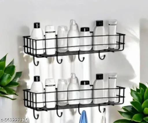 (Pack of 2) Steel Self-Adhesive Multipurpose Bathroom Shelf with Hooks/Towel Holder/Rack/Bathroom Accessories-Wall Mount - Pack of 2 (Black,Powder Coated) 3