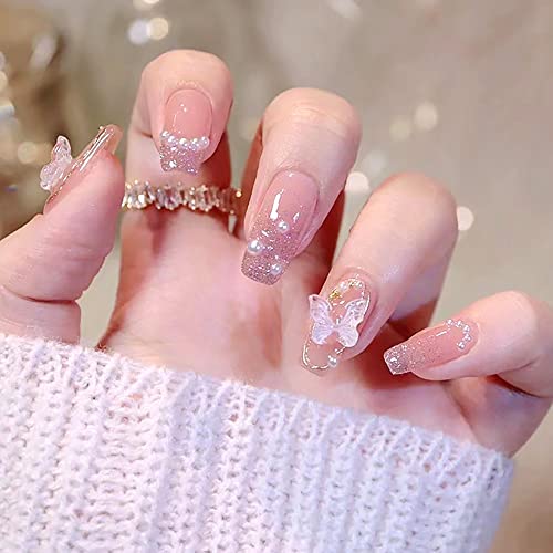 Belicey Medium Coffin Press On Nails Pink 3D Butterfly Nails Charm Pearls French Fake False Nails Gel Acrylic Butterflies Pendant Press On Coffin Artificial Nails For Women Stick On Nails #TOP17