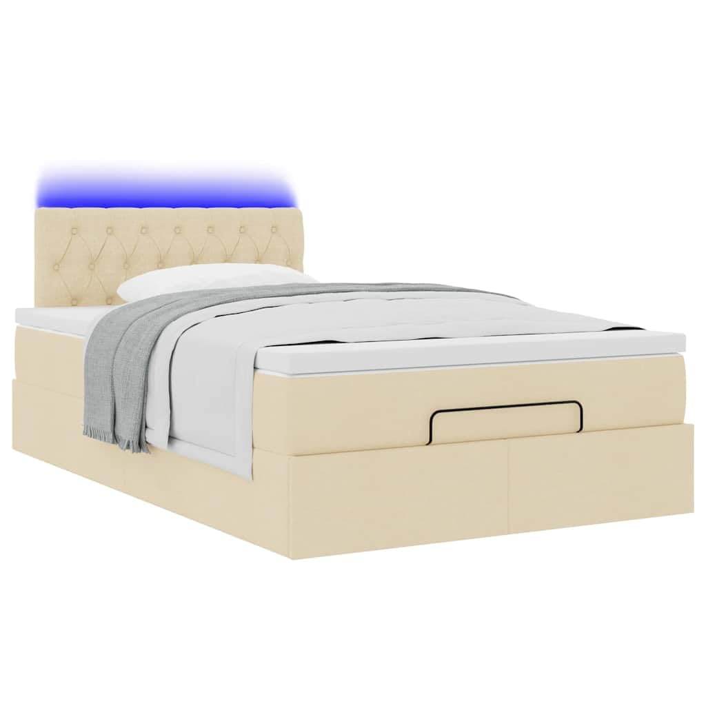 Cama otomana con colchón, 120 x 200 cm, tela crema, LED, gran espacio de almacenamiento, mecanismo de elevación hidráulica para jóvenes y habitaciones de invitados