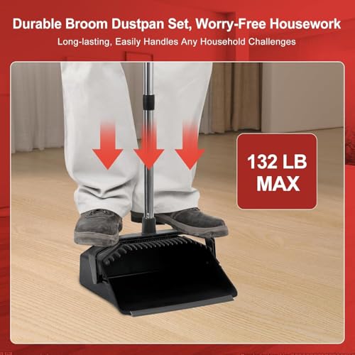 Image of Tiumso Upgrade Broom with Dustpan Combo Set, Broom and Dustpan Set with 51'' Long Handle, Large Upright Brooms and Dust Pans, ZeroGap Lip, Self-Cleaning Dustpan Teeth for Lobby and Restaurant - Black