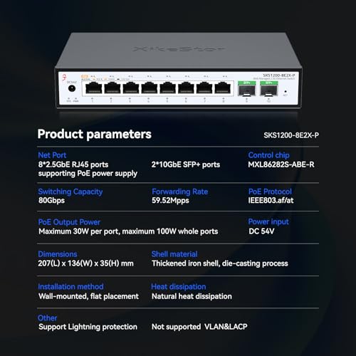 Image of 10 Port 2.5Gb PoE Switch，Umanaged Managed Network Switch，8 Port 2.5G RJ45 PoE，2 Port 10G SFP+, IEEE8023af /at，Total Power 100W, 30W per Port, Fanless，Supports AP, VoIP Phone, IP Camera, NVR