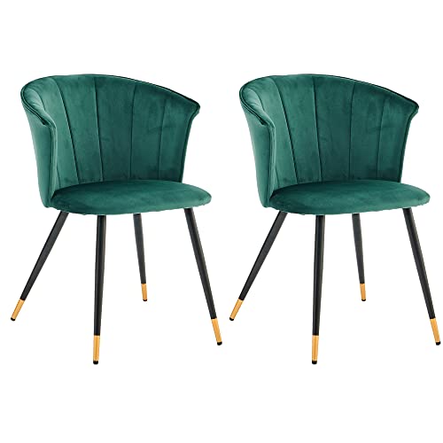 MEUBLE COSY Lot de 2 Chaises de Salle à Manger Rétro Fauteuil Assise Rembourrée en Velours Pieds en Métal Noir et Or pour Cuisine Salon Chambre Bureau, Vert