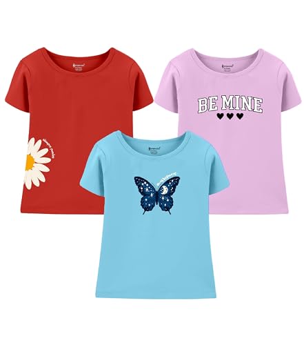 Image of KYDA KIDS Girls 100% Pure Cotton Printed T-Shirt Round Neck Short Sleeve Regular Fit Soft Breathable Casual Tops Summer Wear Daily Comforts -Pack of 3