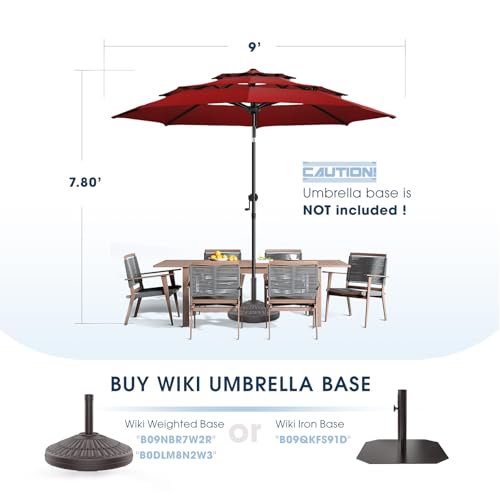 wikiwiki 9 FT Patio Umbrellas 3-Tiers Outdoor Table Market Umbrella with Push Button Tilt/Crank, Fade Resistant Waterproof POLYESTER DTY Canopy for Garden, Lawn, Deck, Backyard & Pool, Burgundy
