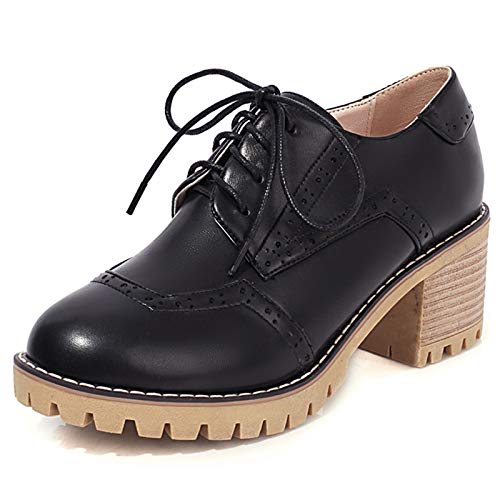 SaraIris Sapato feminino confortável salto grosso, cadarço, brogues Oxfords, 1 Black, 5