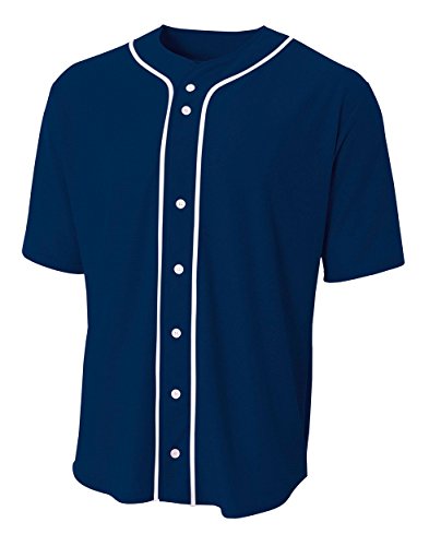 A4 N4184 Short Sleeve Full Button Baseball Jersey, Navy, X-Large