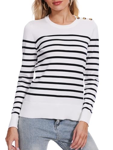 Image of Spicy Sandia Women's Long Sleeve Crewneck Sweaters with Dressy Cuff | Striped or Solid Available, Dressy Casual, Classic, Lightweight, For Office Work, Business Casual Outfits