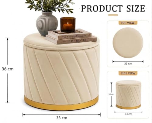 Image of Luxury Velvet Ottoman Stool for Living Room & Bedroom | Premium Round Pouffe with Gold Metal Base | Modern Footrest, Extra Seating & Home Decor (Cream Set of 2)