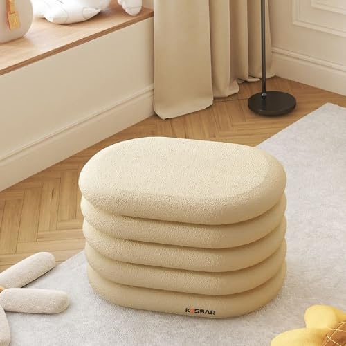 Kassar Folding Ottoman Stool, Beige Cushioned Seat, Stackable Storage Footrest for Living Room, Bedroom Dark Cream Color (Small Ottoman)-image-0