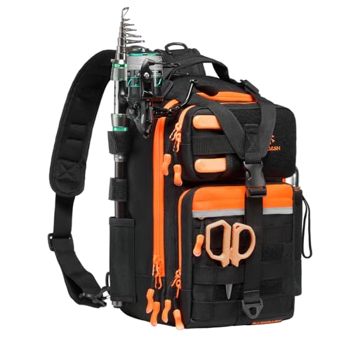 BASSDASH Convertible Fishing Backpack Sling Bag with Rod Holder, Adjustable Tactical Water-Resistant Tackle Storage Pack FP07